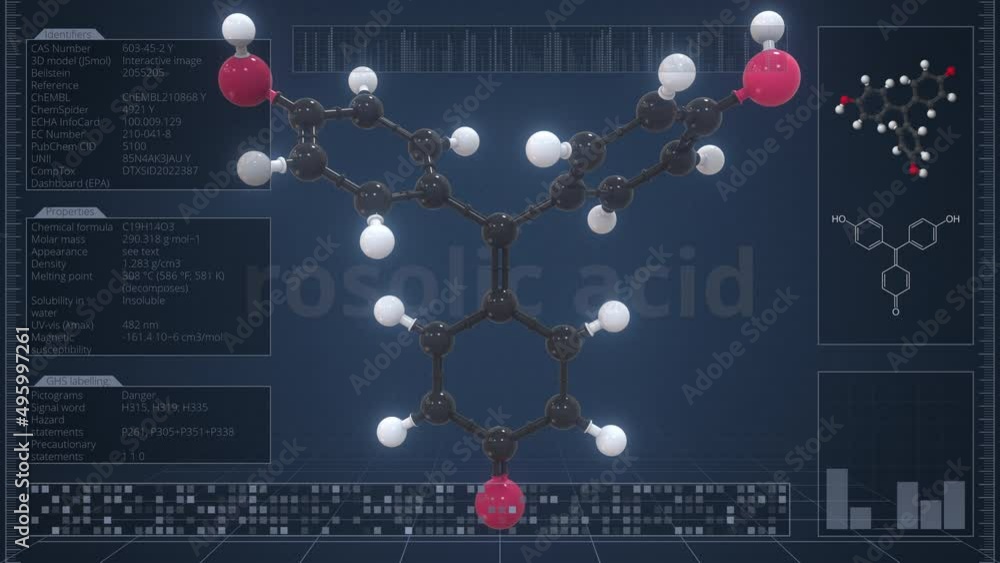 Poster molecule of rosolic acid with infographics on the computer monitor, loopable 3d animation