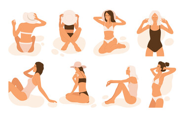 Resting women on the beach Set. Tanning girls in swimsuits  in different poses sitting on the sand. Summer vacation aesthetic collection. Vector illustration in cartoon style. Isolated background