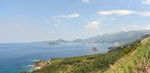 Panoramic view of Montenegro coastline towards Sveti Stefan and Budva.