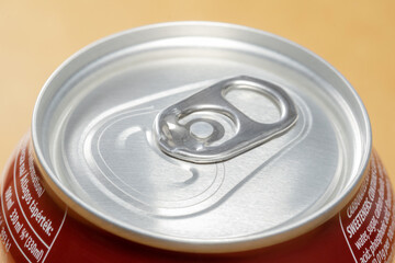 Simple new small closed unopened 330 ml metal can of soda, macro, top part extreme closeup, object...