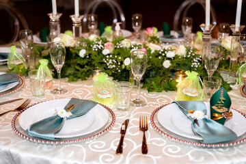 Green and Gold Theme Table setting and decorations