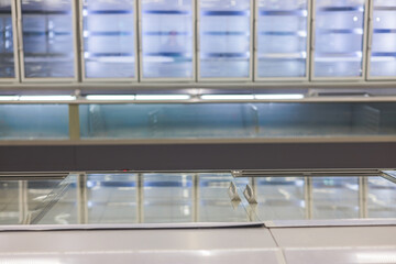 View of empty supermarket shelves, grocery store work stoppage closes, sanctions and embargo, panic...