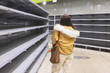 View of empty supermarket shelves, grocery store work stoppage closes, sanctions and embargo, panic...