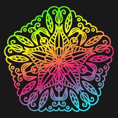 Bright circular oriental pattern on a black background. Decorative mandala in the form of a flower. Arabesque, circular ornament. Vector illustration.