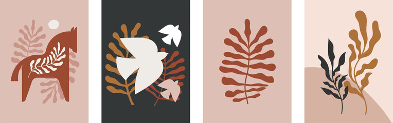 Abstract Botanical Wall Art, Contemporary art prints, abstract leaves, animals and birds. Nordic, Scandinavian boho botanical drawings , postcard or brochure design