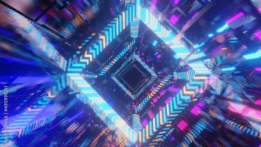 Poster abstract frames and boxes. fly through technology cyberspace with neon glow. sci-fi flight through h