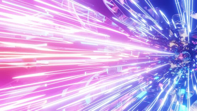80's neon light style flight. Hi-tech neon sci-fi tunel. Trendy neon glow lines form pattern and construction in mirror tunnel. Fly through technology cyberspace. 3d looped seamless 4k bright bg.