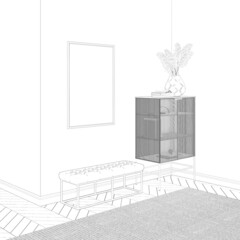 A sketch of the modern room with a vertical poster above a bench, dried flowers in a wicker vase on a modern chest of drawers, and a carpet on the parquet floor. 3d render