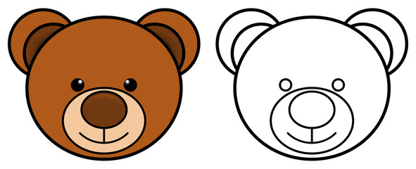 Bear head colorful and black and white. Coloring book page for children. Colored and outline vector illustration isolated on white background. Game for kids.