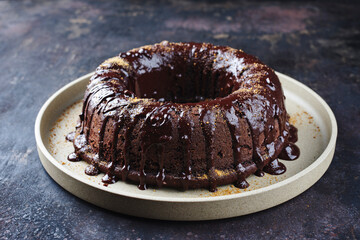 Traditional chocolate bundt cake with icing glaze topping and muscovado brown sugar served as...