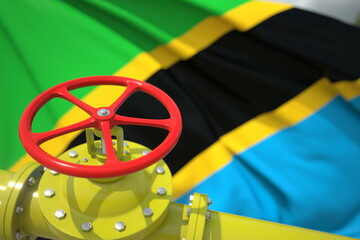 Oil or gas pipeline valve and flag of Tanzania. 3d rendering