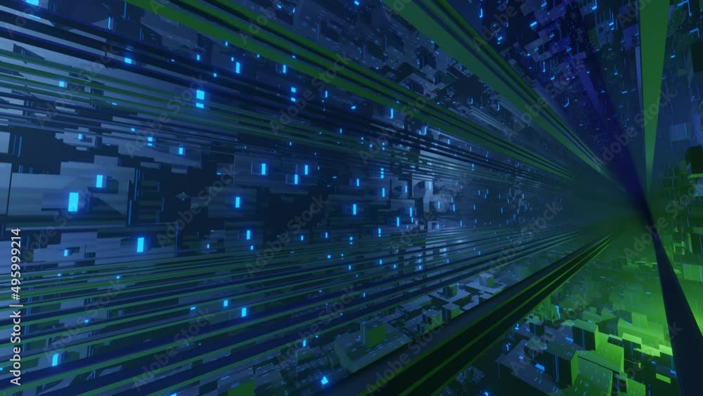 Poster sci-fi constructions, mysterious 3d objects in fog. fly through technology cyberspace with neon glow