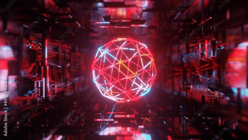 Poster 3d object or structure rotates and moves inside glass mirror tunnel with neon light, bright reflecti