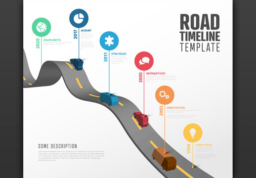 Infographic Road Timeline Layout with Pointers and Simple Cars