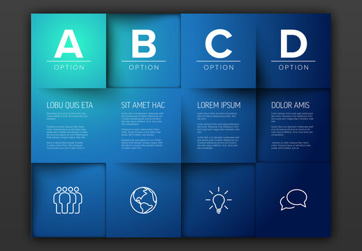 Four Deep Blue Letter Options Schema Layout with Icons