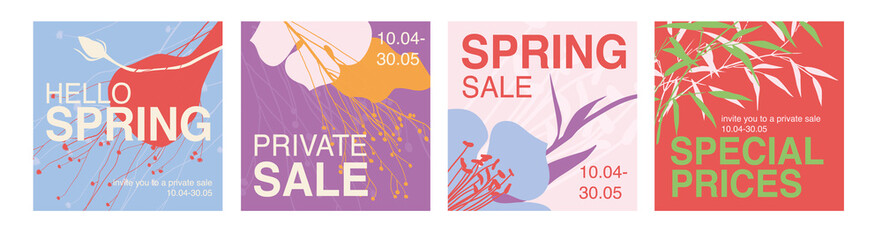 A set of trendy templates for social networks. Design layout for spring sale and special offer. Floral template for beauty salons, spas, shops. Vector illustration