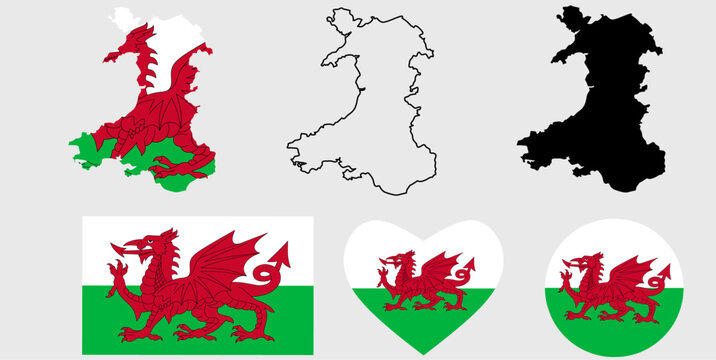 wales map flag icon set
