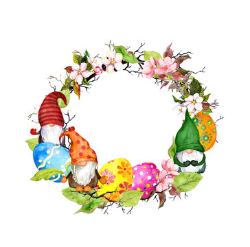 Cute gnomes, Easter eggs in floral round border with spring flowers. Watercolor circle frame for holiday wreath