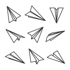 Various hand drawn paper planes. Black doodle airplanes. Aircraft icon, simple monochrome plane silhouettes. Outline, line art. Vector illustration.