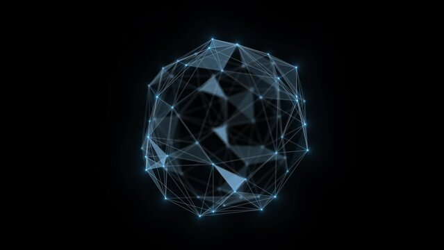 Abstract plexus sphere from blue dots, lines and triangles on a black background with depth of field. Looped animation 4k.