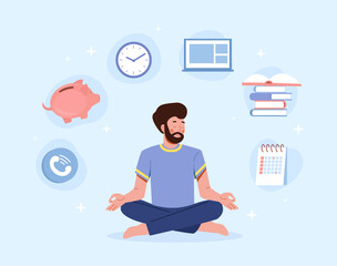 Businessman in lotus pose. Metaphor for calmness and inner balance. Overloaded entrepreneur and mental health. Multitasking character makes schedule, time management. Cartoon flat vector illustration