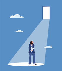 Businesswoman with opportunities. Girl in suit in beam of light. Metaphor of successful employee. Setting goals and dreams. Leadership and self development concept. Cartoon flat vector illustration