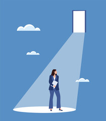 Obraz premium Businesswoman with opportunities. Girl in suit in beam of light. Metaphor of successful employee. Setting goals and dreams. Leadership and self development concept. Cartoon flat vector illustration