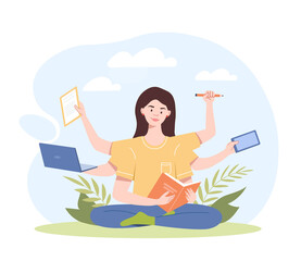 Multitasking businesswoman concept. Girl in lotus position with many hands. Entrepreneur and talented investor. Overworked employee, busy character. Time management. Cartoon flat vector illustration