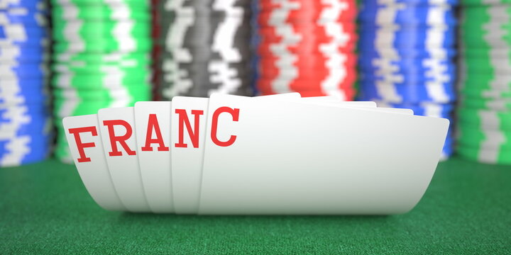 Franc text on playing cards on the table, 3d rendering