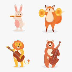 four cute animals playing instruments