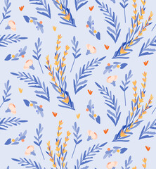Fototapeta na wymiar Lavender seamless vector pattern on blue background. Cute floral spring print. Modern texture design. Flat style illustration