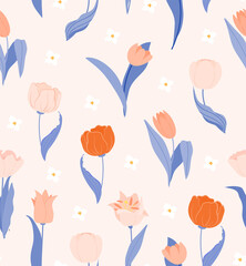 Fototapeta na wymiar Tulip flower seamless vector pattern for for packaging, wallpaper, cover, poster, template, and more. Spring abstract colorful background. Spring wedding invitation. Flat style illustration