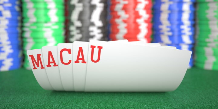 Macau text on playing cards on the table, 3d rendering