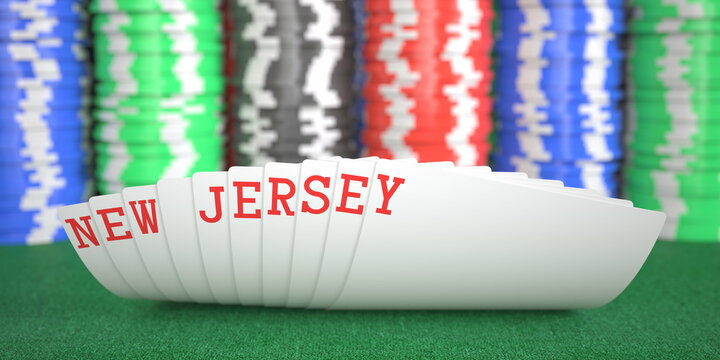 New Jersey text on playing cards on the table, 3d rendering