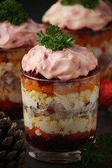 Dressed herring or herring under fur - traditional Russian salad