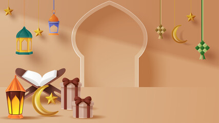 Fototapeta premium Islamic display decoration background with islamic ornament. Vector 3D Illustration
