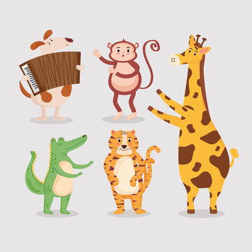 five cute animals playing instruments