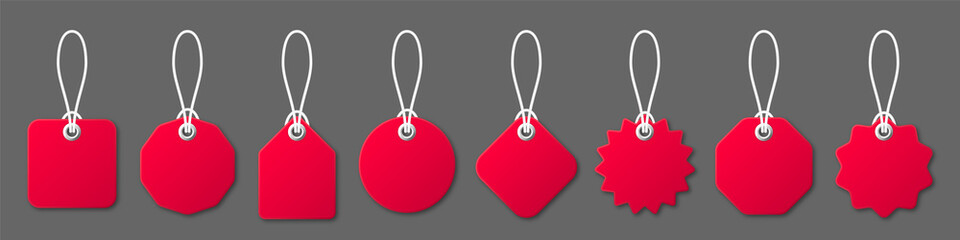 Realistic red price tags with white string on gray background. Special offer or shopping discount label. Retail paper sticker. Promotional sale badge. Vector illustration.