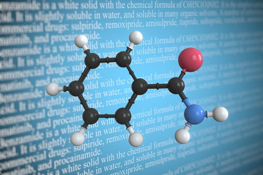 Molecular model of benzamide, 3D rendering