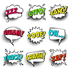 Obraz premium Comic speech bubbles with halftone shadows and colorful text isolated on white background. Hand drawn retro cartoon stickers. Pop art style. Vector illustration.