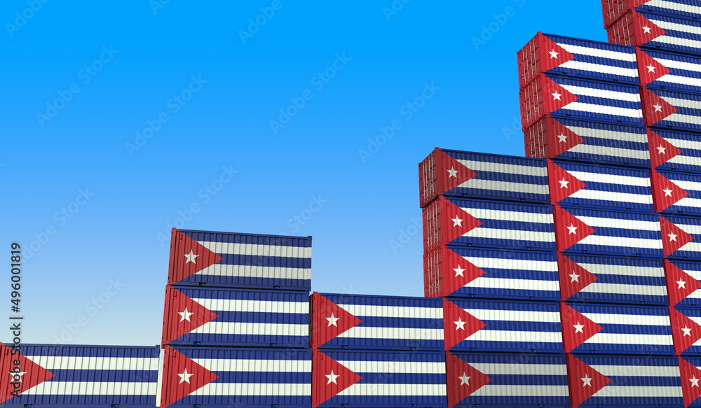 Aufkleber containers with flags of cuba making a rising trend graph. business success related 3d rendering