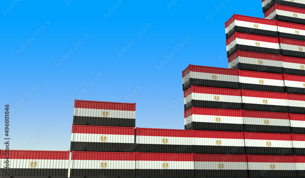 Poster containers with flags of egypt making a rising trend graph. business success related 3d rendering