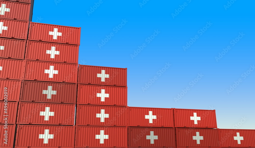 Poster flag of switzerland on containers forming declining trend of graph. national crisis or meltdown rela