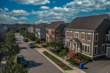 Aerial view of modern upper class suburban American real estate development community, large single...