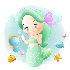 Little princess for nursery with cute mermaid and seahorse