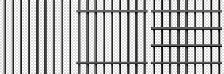 Black realistic metal prison bars. Detailed jail cage, prison iron fence. Criminal background mockup. Creative vector illustration. - obrazy, fototapety, plakaty