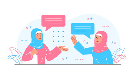Muslim girls concept. Two women in hijabs greet each other. Traditions and religion. Arabic characters in office. Tolerance, unity and respect for other cultures. Cartoon flat vector illustration