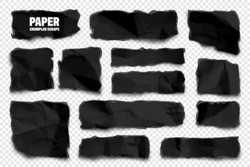 Black ripped paper strips. Realistic crumpled paper scraps with torn edges. Shreds of notebook pages. Vector illustration