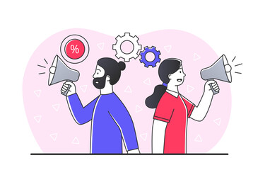 People with megaphone. Man and girl with loudspeaker. Social networks and modern technologies. Digital world and popular bloggers, influencers, opinion leader. Cartoon flat vector illustration