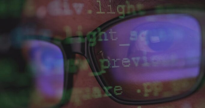 4K video super close up eye ball with eyeglasses overlay with coding screen. Background concept for programming and coding computing.